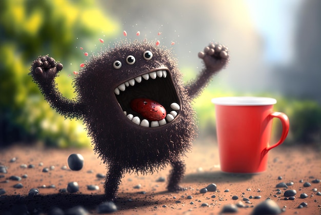 Kaffeemonster mit verrückten Augen Süßer Charakter mit Koffeinenergie sehr aufgeregt Generierte KI