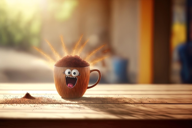 Kaffeemonster mit verrückten Augen Süßer Charakter mit Koffeinenergie sehr aufgeregt Generierte KI