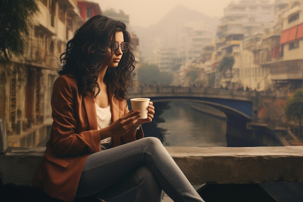 Kaffeepause mit Aussicht Frau sitzt an der Einkaufsmur einer Stadtbrücke AR 32