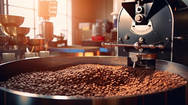 Kaffeeröstmaschine Aromatische Kaffeebohnen in moderner Ausrüstung mit Getreidekühler Kaffeerostmaschine Industriekonzept Generative Ai