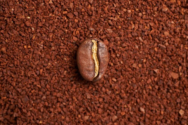 Kaffeesamen auf dem Hintergrund des gemahlenen Kaffees.