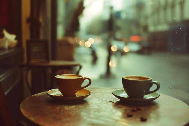 Kaffeetasse auf dem Tisch im Freien in Pastellfarben Vintage-Retro-Stil Gehweg-Café-Szene