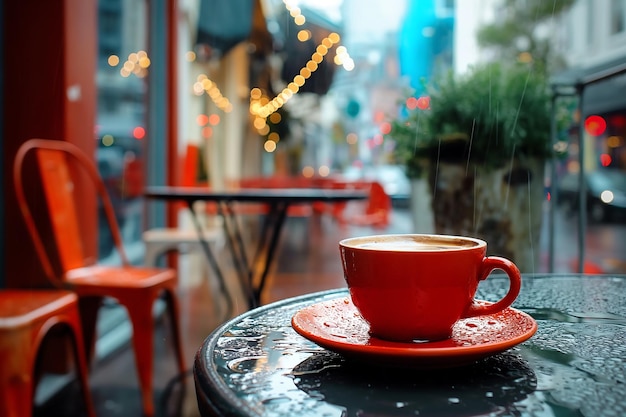 Kaffeetasse auf dem Tisch im Freien in Pastellfarben Vintage-Retro-Stil Gehweg-Café-Szene