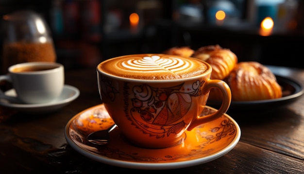 Kaffeetasse auf einem Holztisch heizt Dämpfe aus schäumigem Cappuccino, die durch künstliche Intelligenz erzeugt werden