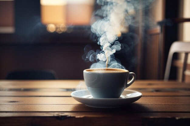 Kaffeetasse auf einem Holztisch steigt