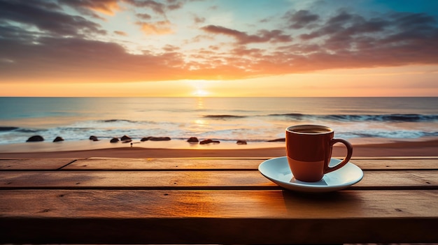 Kaffeetasse auf Holztisch bei Sonnenuntergang oder Sonnenaufgang am Strand