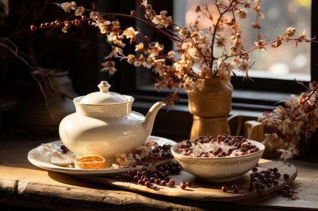 Kaffeetasse auf rustikalem Tisch mit verstreuten Körnern, die Aroma und Komfort ausstrahlen, IA