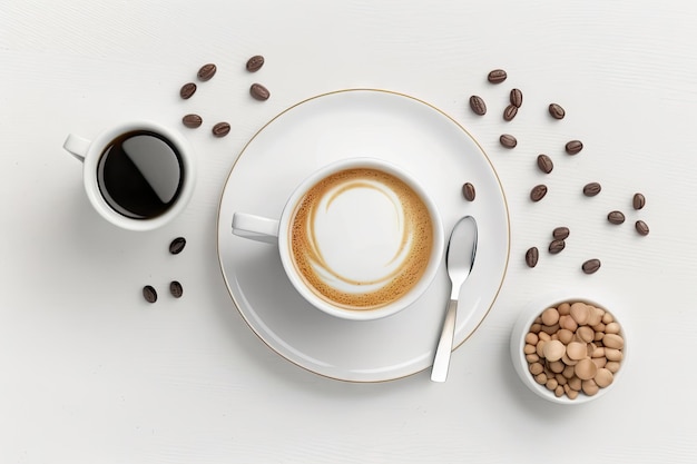Kaffeetasse auf weißem Tischhintergrund Draufsicht Morgenkaffee abstrakte generative KI-Illustration