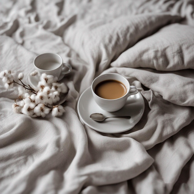 Kaffeetasse im Bett mit erzeugten Baumwollblumen