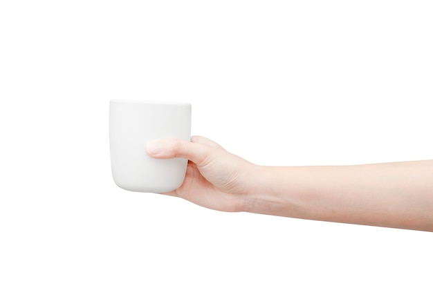 Kaffeetasse in der Hand auf Weiß