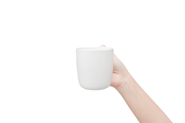 Kaffeetasse in der Hand lokalisiert auf weißem Hintergrund.