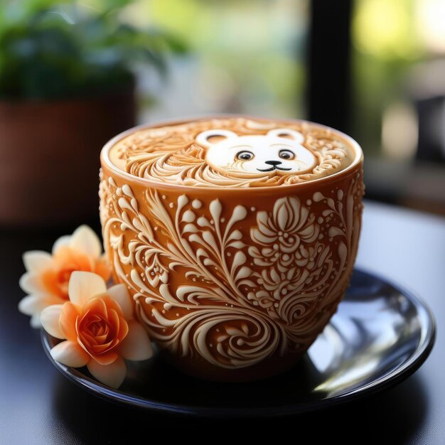 Kaffeetasse mit Bärendesign, das thailändische Kunst und Schnitzerei zur Schau stellt