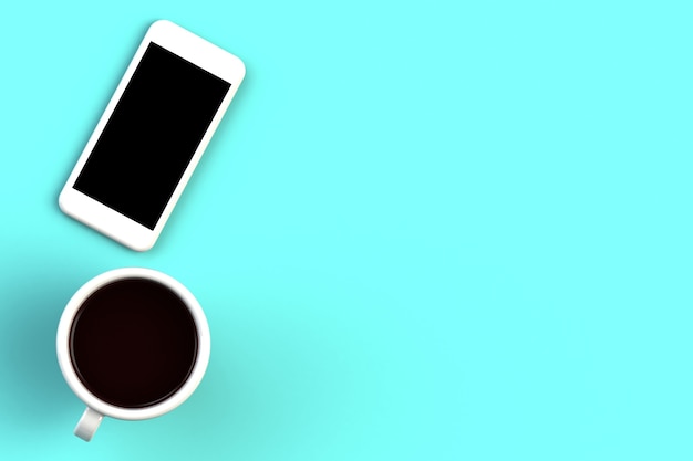 Kaffeetasse mit intelligentem Telefon auf blauem Hintergrund, Draufsicht mit copyspace für Ihren Text, Wiedergabe 3D