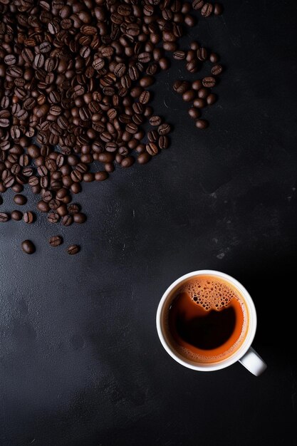 Kaffeetasse mit Kaffeebohnen auf dunklem Couchtisch