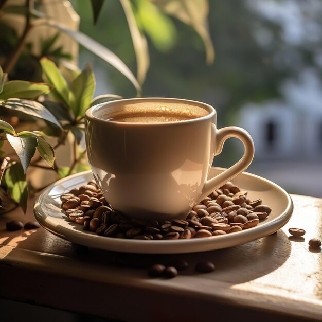 Kaffeetasse mit Kaffeebohnen auf dunklem Tisch, generative KI