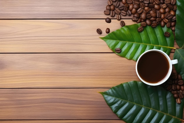 Kaffeetasse mit Kaffeebohnen und grünem Blatt auf Holzhintergrund