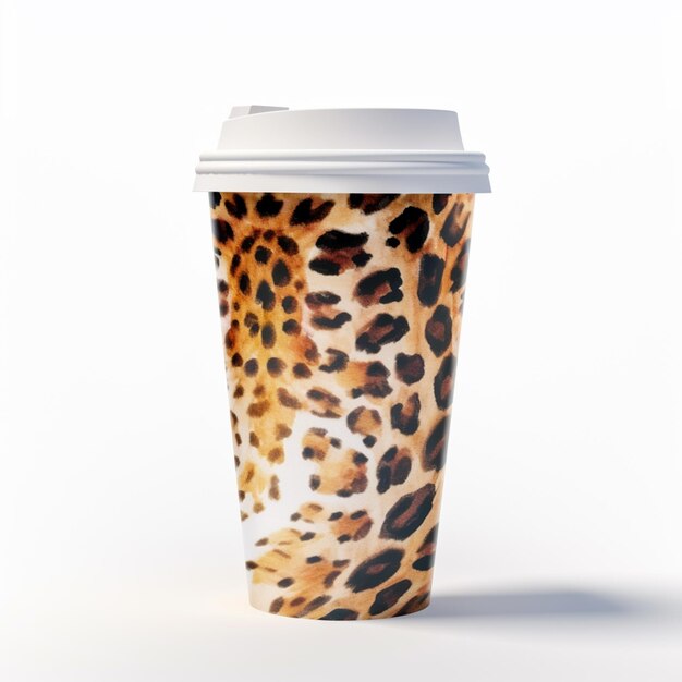 Kaffeetasse mit Leopardenmuster mit Deckel und Deckel auf weißem Hintergrund, generative KI