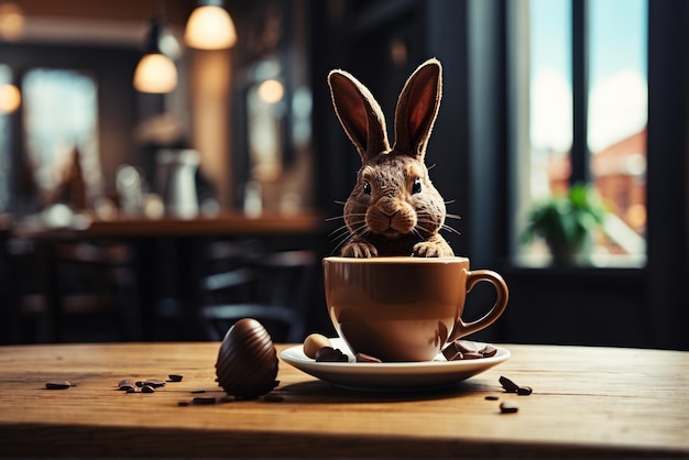 Foto kaffeetasse mit schokoladenhasen auf einem holztisch, die von ki generiert wurde