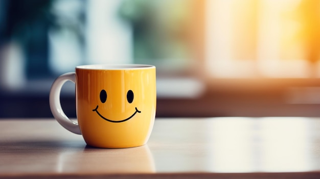 Kaffeetasse mit Smiley-Gesicht auf Holztisch im Café