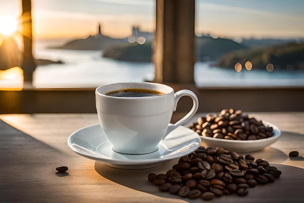 Kaffeetasse-Präsentation in einem klassischen französischen Schloss-Hintergrund