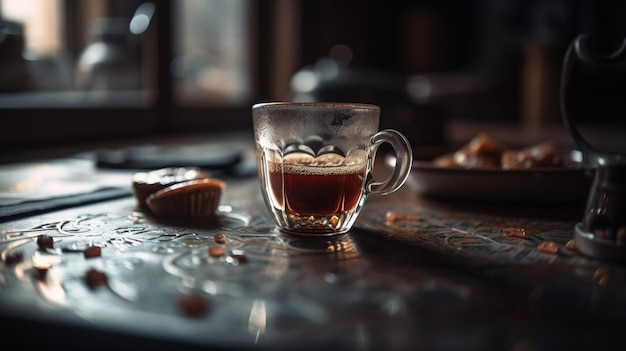 Kaffeetasse und Kaffeebohnen auf Holztisch im Café generative ai