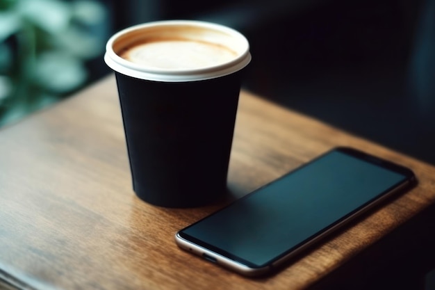 Kaffeetasse und Smartphone auf Holztisch im Café Generative KI