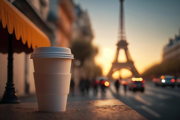 Kaffeetasse zum Mitnehmen auf dem Café-Tisch in Paris Eiffelturm auf Sonnenuntergang Hintergrund Generative KI