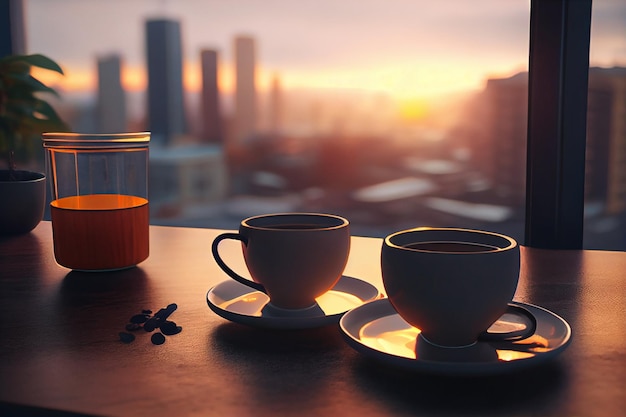 Kaffeetassen auf einem Tisch mit Blick auf die generative ai der Stadt