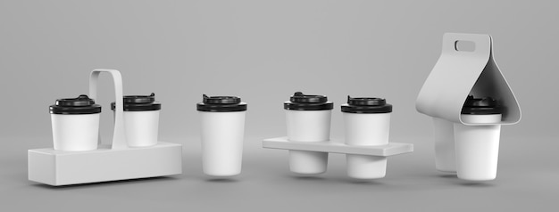 Kaffeetassen in weißen Papierhaltern 3d-Rendering Kartonverpackungen für heiße Getränke zum Mitnehmen Mockup von leeren Trägern für Einweg-Teetassen mit schwarzen Deckeln Realistisches Set isoliert auf grauem Hintergrund