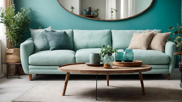 Kaffeetisch mit Zimmerpflanze und Buch in der Nähe des gemütlichen blauen Sofas im Wohnzimmer