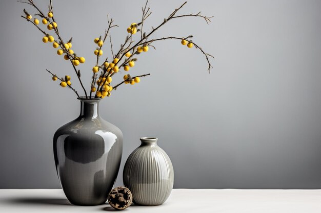 Kaffeetisch und Vase mit Zweigen auf grauem Hintergrund