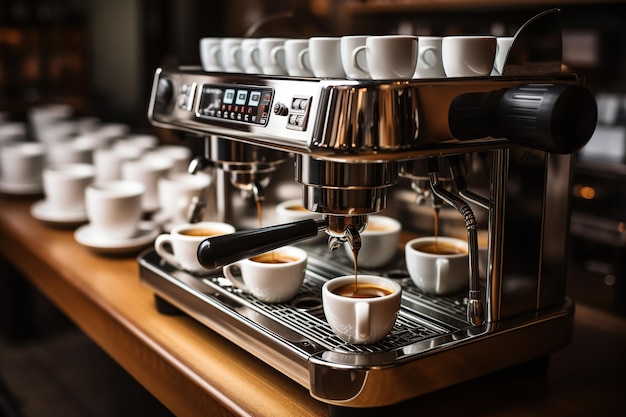 Kaffeetrennung von der Kaffeemaschine zur weißen Tasse im Kaffeehaus KI generiert