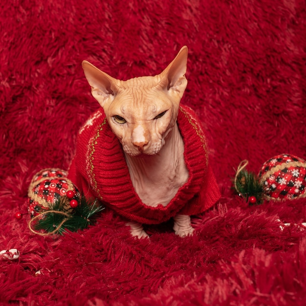 Kahle Katze der Sphynx-Rasse in Kleidung zu Hause auf einer Decke. Neujahrs- und Weihnachtskonzept.