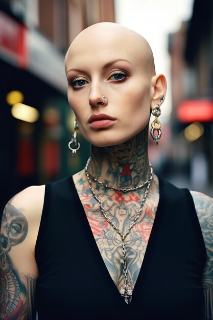 Foto kahlköpfige frau mit tattoos und piercings auf der straße