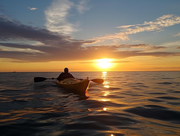 Kajak-Regatta-Athleten-Silhouette am Meer, Sonnenuntergang, Hintergrund, generiert unter anderem