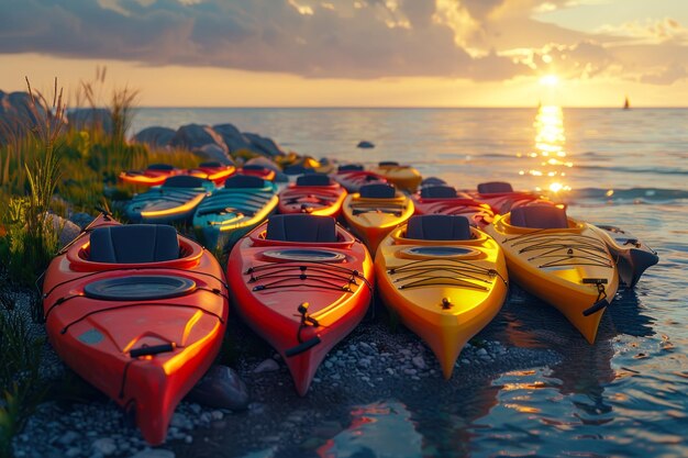 Kajaks am Strand bei Sonnenuntergang