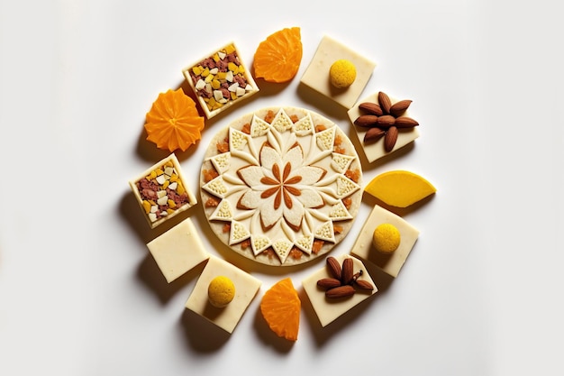 Kaju Katli dulce una arcilla diya o lámpara y flores de caléndula dispuestas en un círculo componen la comida de Diwali Rangoli