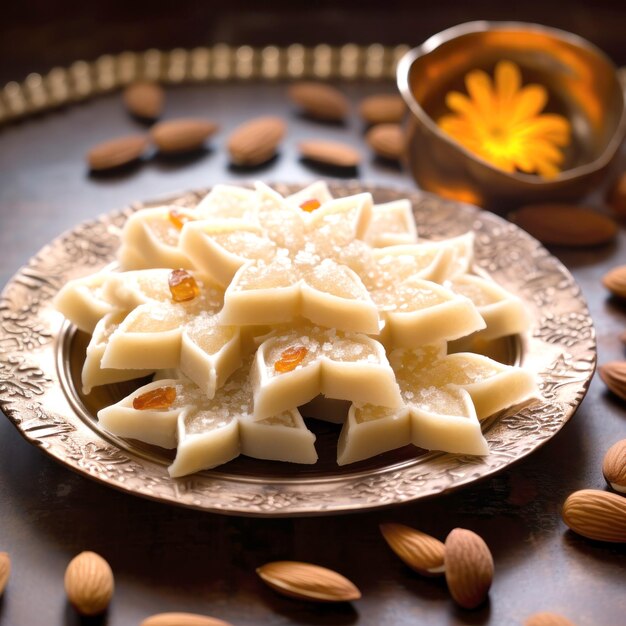 Kaju Katli es un dulce tradicional indio o Mithai hecho con azúcar de pasta de anacardo y mava o Khoya