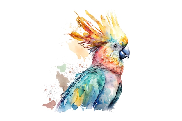 Kakadu-Papagei gemalt mit mehrfarbigen Wasserfarben isoliert auf weißem Hintergrund Generiert von AI