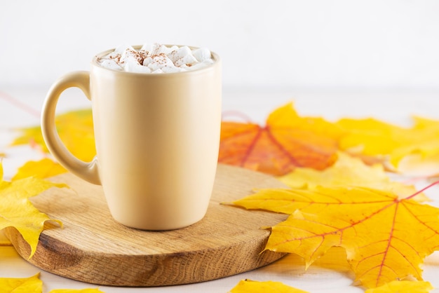 Kakao mit Marshmallows in einem Becher auf einem Holzbrett mit Herbstlaub