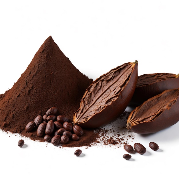 Kakaofrüchte mit Bohnen und Pulver