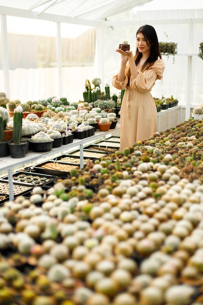 Kakteenpflanze in Frauenhänden sieht entspanntes Stilkonzept aus. 20er Jahre asiatische weibliche schwarze glatte Haare fühlen sich glücklich lächelnd in Greenhouse Farm Sorte Cactus Seed Gärtnerei, horizontaler Kopierraum