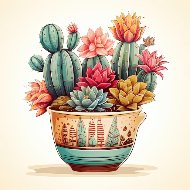 Kaktus mit Palme in einer Tasse Illustration auf weißem Hintergrund im Stil von fettfarbenen Linien