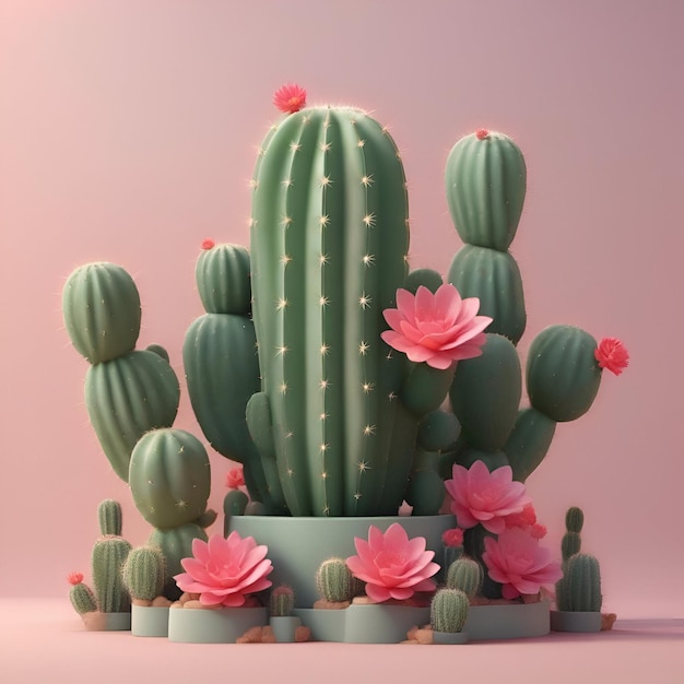 Kaktus mit rosa Blüten 3D-Illustration