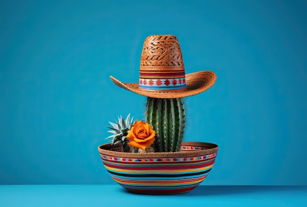 Foto kaktus mit sombrero auf blauem hintergrund