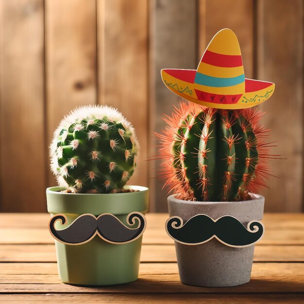 Kaktus mit Sombrero und Schnurrbart auf einem rustikalen Holztisch