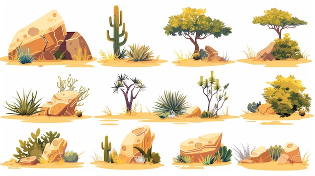 Foto kaktus, tumbleweed und felsen afrikanischer sandwüsten, modernes cartoon-set aus tropischer grüner büsche und wüstenpflanzen, isoliert auf weißem boden.