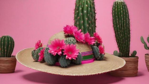 Foto kaktus- und rosa sombrero-arrangement für eine party