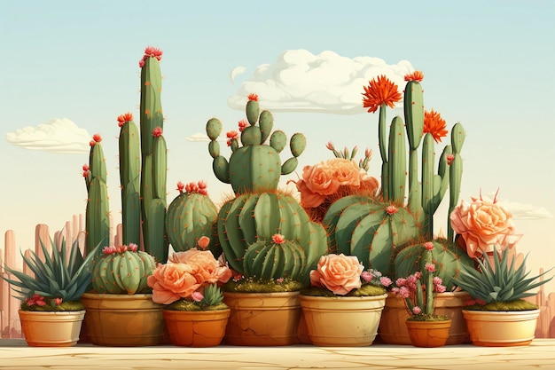 Kaktusarrangement mit rosa Blüten Aquarell handgezeichnete Illustration Tropisches Zuhause und Garten