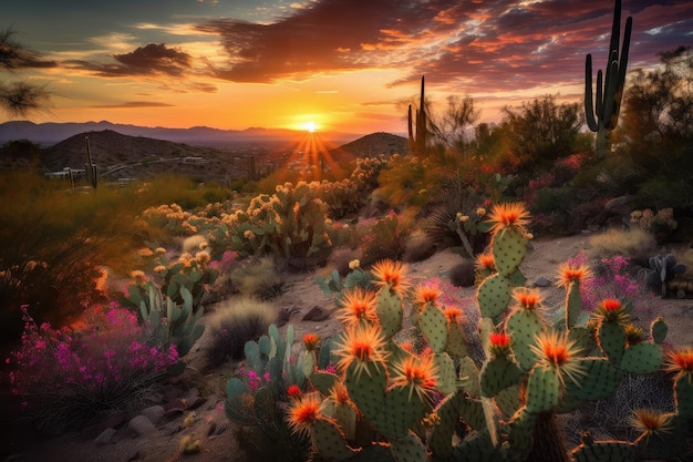 Kaktusgarten mit bunten Blüten und dramatischem Sonnenuntergang im Hintergrund, erstellt mit generativer KI